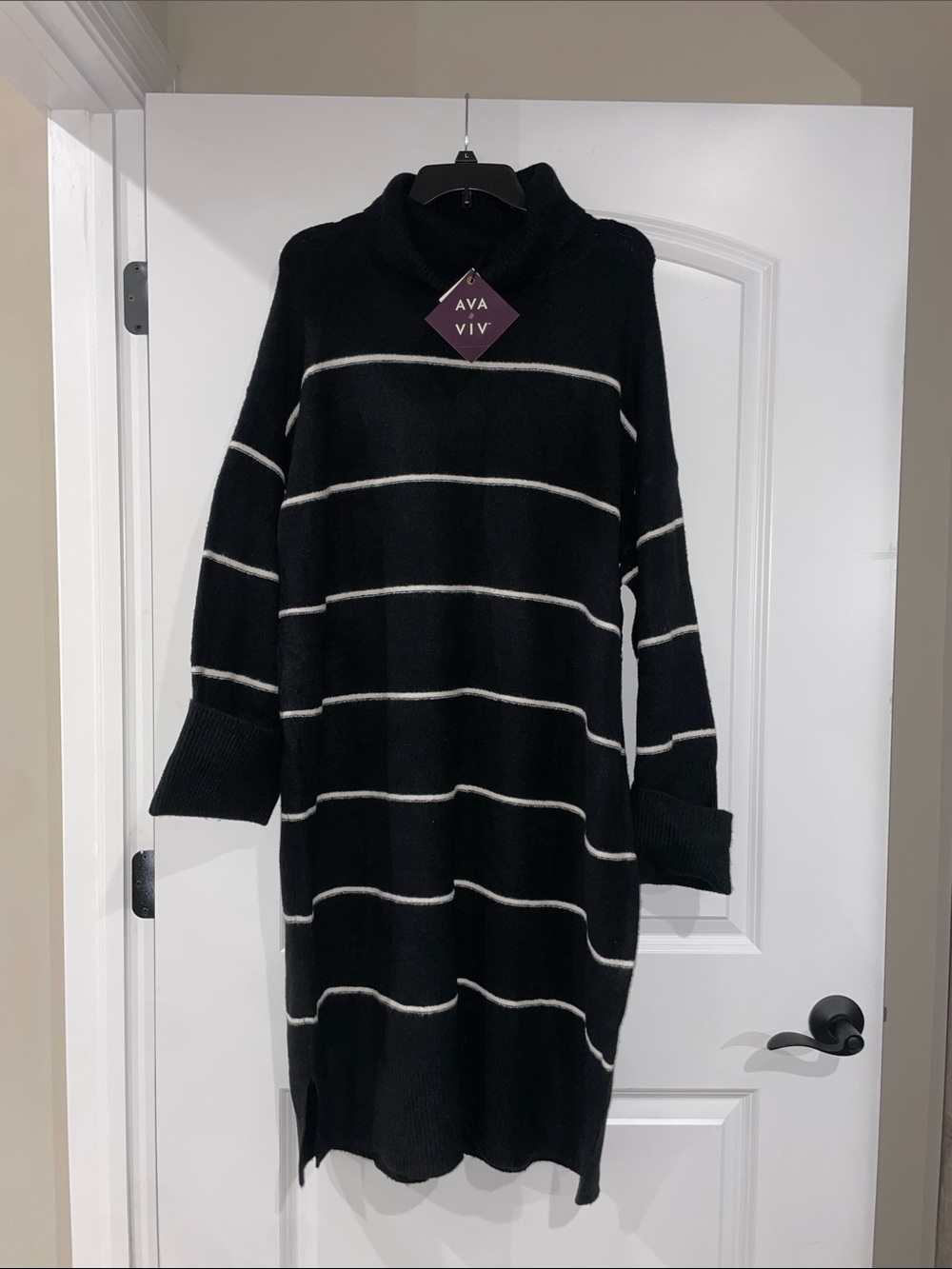Ava & Viv Black and White Striped Turtleneck Sweater Dress